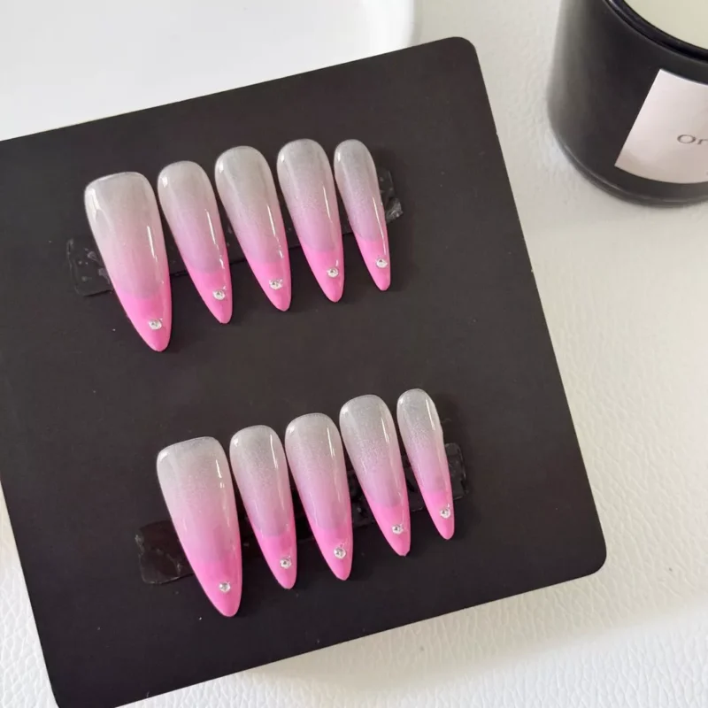 Long Pink Ombre Press-On Nails with Rhinestone Tip
