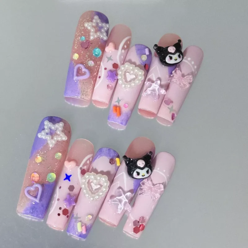 Pink purple kawaii press-on nails with Kuromi character and stars