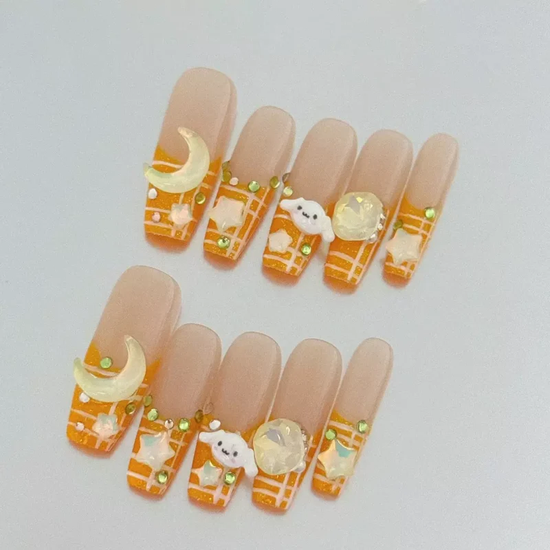 cartoon press-on nails with long square shape and kawaii elements
