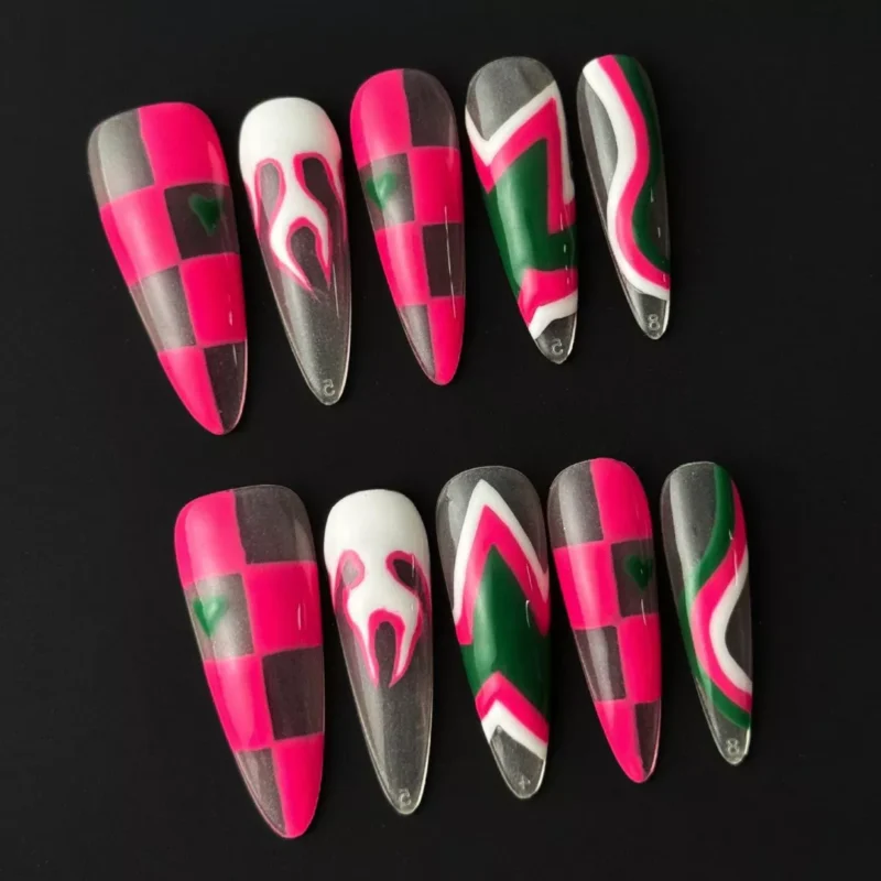 Side view of multicolor Y2K press-on nails in long stiletto shape