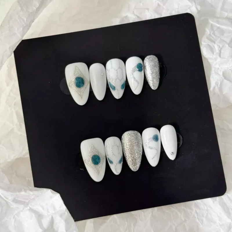 Luxury White Glitter Press-On Nails with Teal and Silver Accents