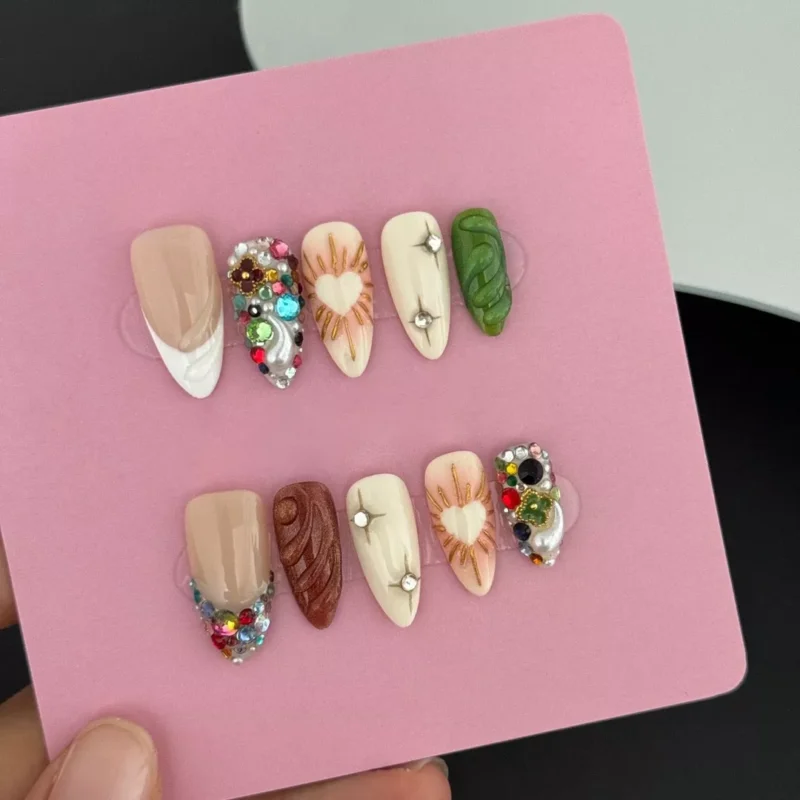 Luxury crystal press-on nails with 3D carvings and multicolor gem decor