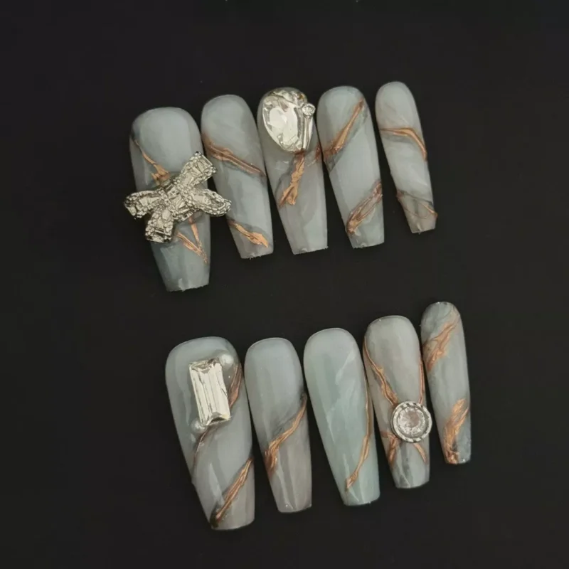 Gray Marble Ribbon Press-On Nails with Rhinestone Bow Design