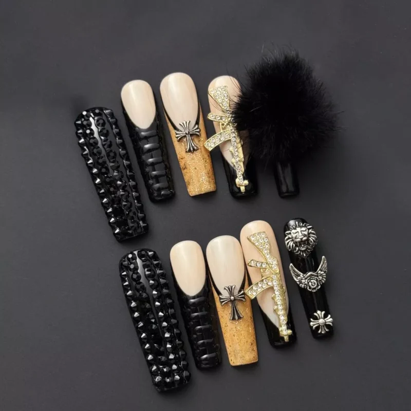 Magic Knight Press-On Nails – Gothic Black and Gold with Cross Embellishments