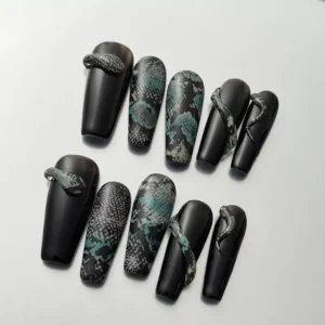 Snake Pattern Press-On Nails with embossed reptilian textures in black and teal