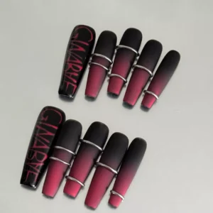 Gradient matte press-on nails with gothic rings and letter details