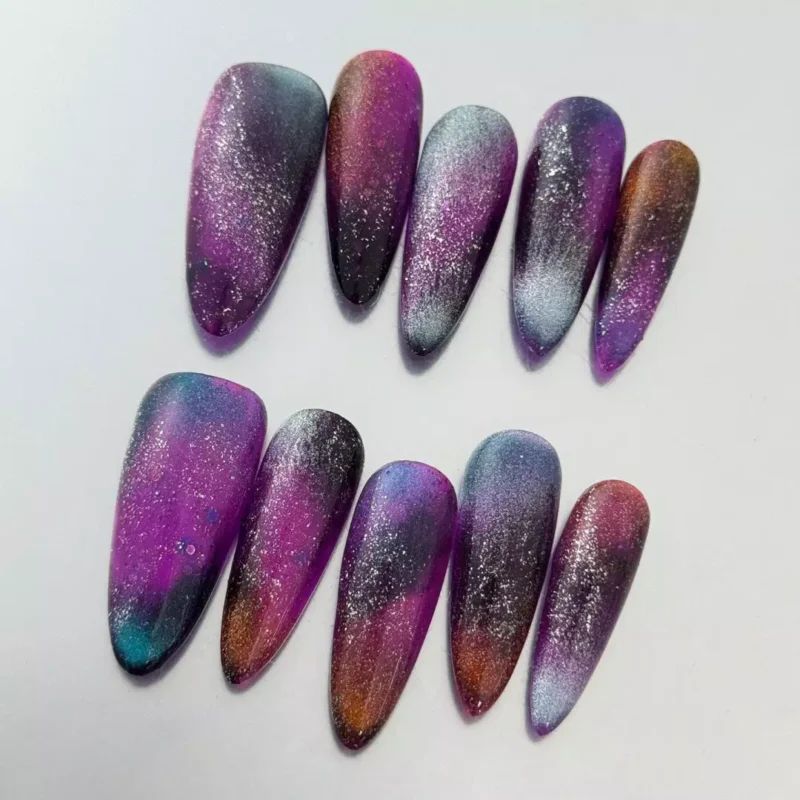 Metallic Swirl Press-On Nails – Purple and Silver Gradient