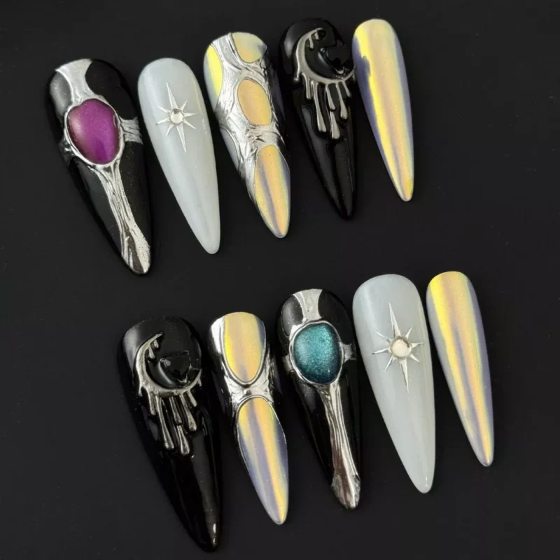 Meteor Chrome Press-On Nails with silver drip details and star embellishments - full hand view