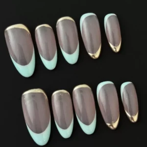 Glossy square nude nails with elegant gold edges and pastel French tip