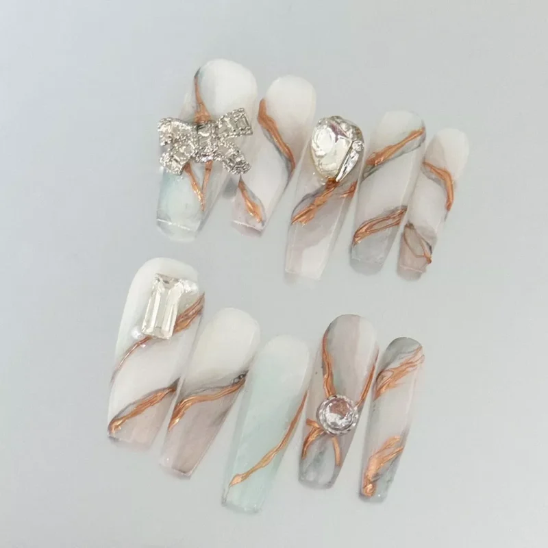 Glossy Gray Press-On Nails with Minimalist Marble Texture
