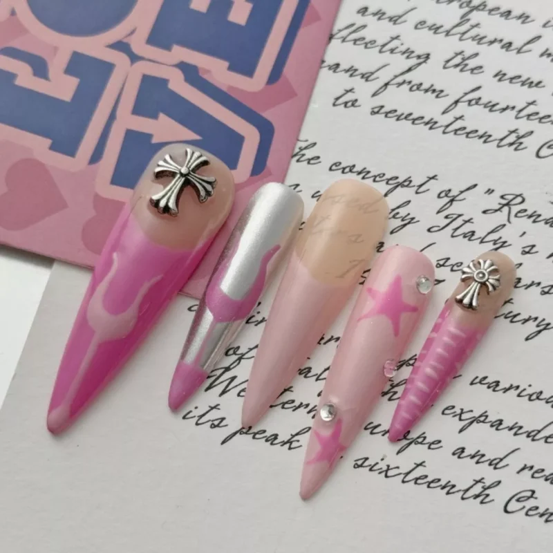 Pink and Silver Stiletto Press-On Nails with Star Accents