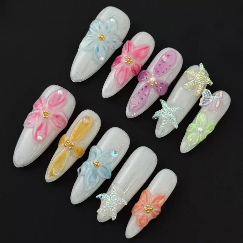 Multicolor Floral Press-On Nails with 3D pastel bloom accents - front view