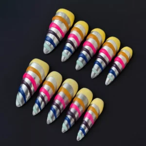 Multicolor stripe press-on nails with candy spiral pattern and silver accents – top view