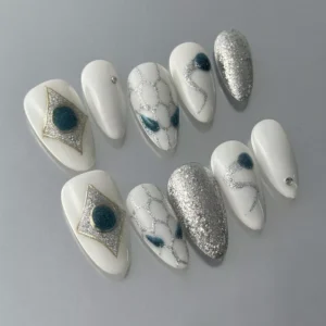 Teal Accent Press-On Nails with Glitter and Mesh Design