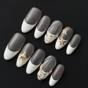 Neutral French press-on nails with white tips, featuring 3D shell textures and starfish motifs – full hand view