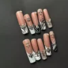Rosy Cross Press-On Nails with Nude Black Swirl and Silver Cross Accents