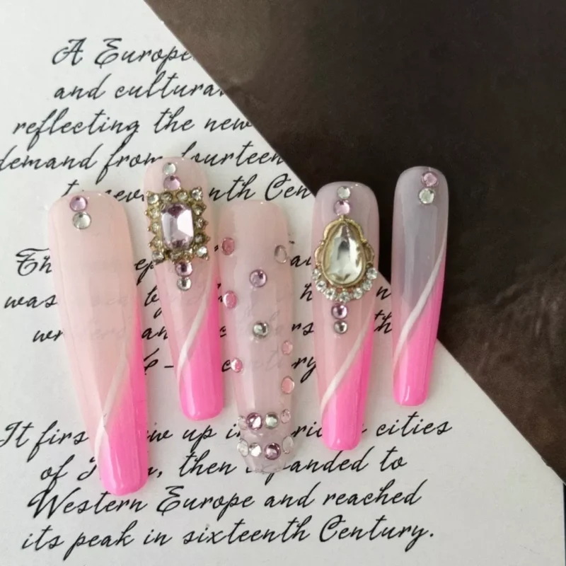 French Tip Press-On Nails with Framed Gemstone and Crystal Details