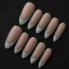 Matte nude glitter press-on nails with silver textured French tip – full set front view