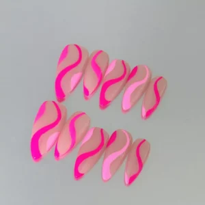 Nude almond nails with pink waves on clear background