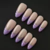 Nude purple press-on nails with glossy 3D wave tips and almond shape – top angle view
