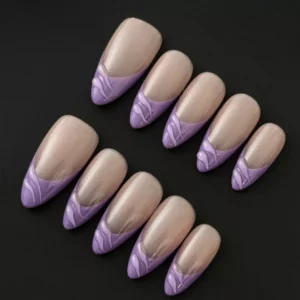 Nude purple press-on nails with glossy 3D wave tips and almond shape – top angle view