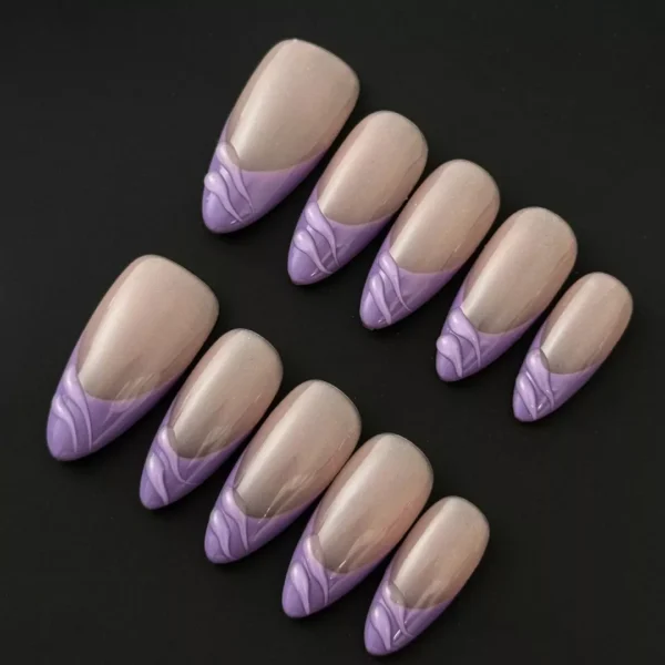 Nude purple press-on nails with glossy 3D wave tips and almond shape – top angle view