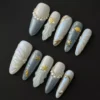 Seashell Pearl Press-On Nails with Blue and White Ocean Theme and Starfish Nail Art