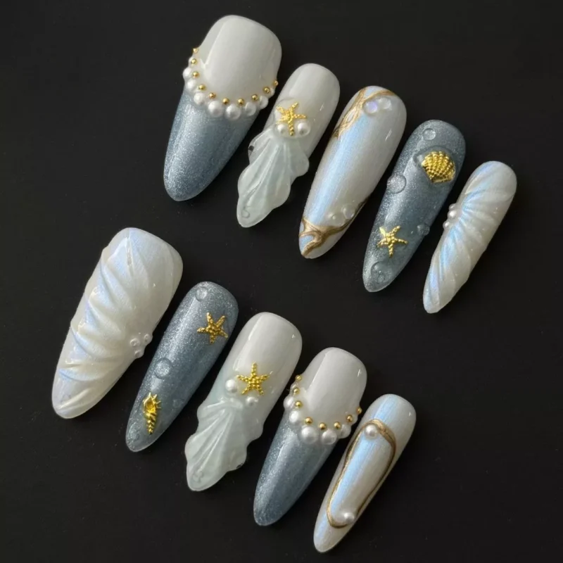 Seashell Pearl Press-On Nails with Blue and White Ocean Theme and Starfish Nail Art