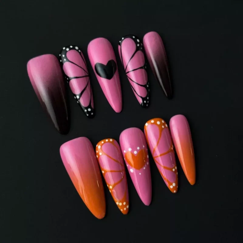 Butterfly Accent Pink Press-On Nails – Soft Ombre Effect