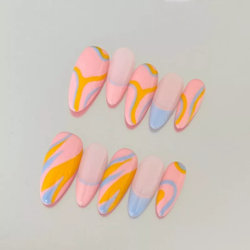 Orange Yellow Press-On Nails with colorful wavy details - alternate lighting