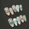 Ballet Ribbon Press-On Nails – Pink Blue Pastel Ballerina Style on black background