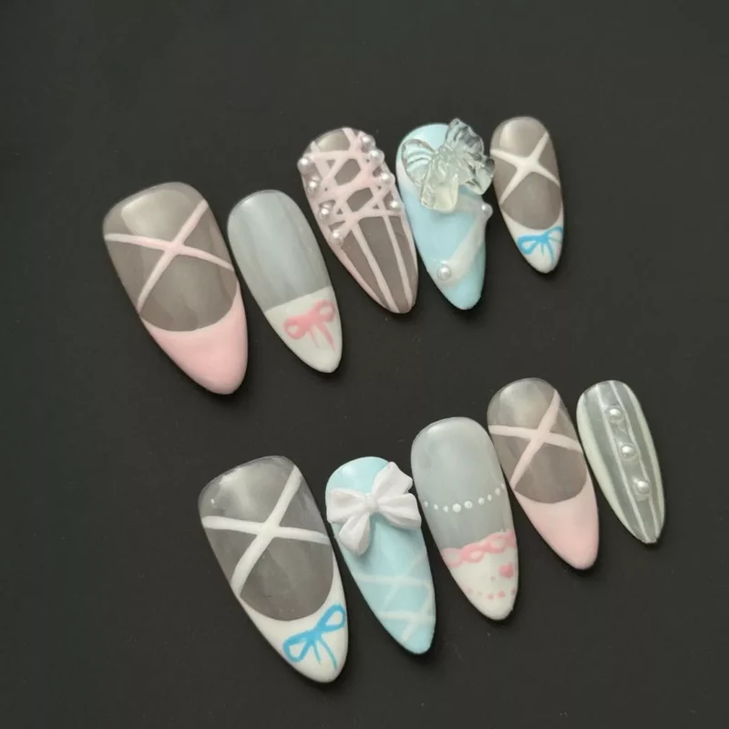 Ballet Ribbon Press-On Nails – Pink Blue Pastel Ballerina Style on black background