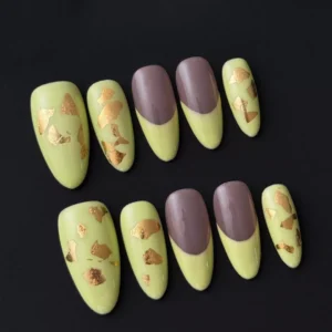Matte pastel green and taupe press-on nails – side profile showing natural curve