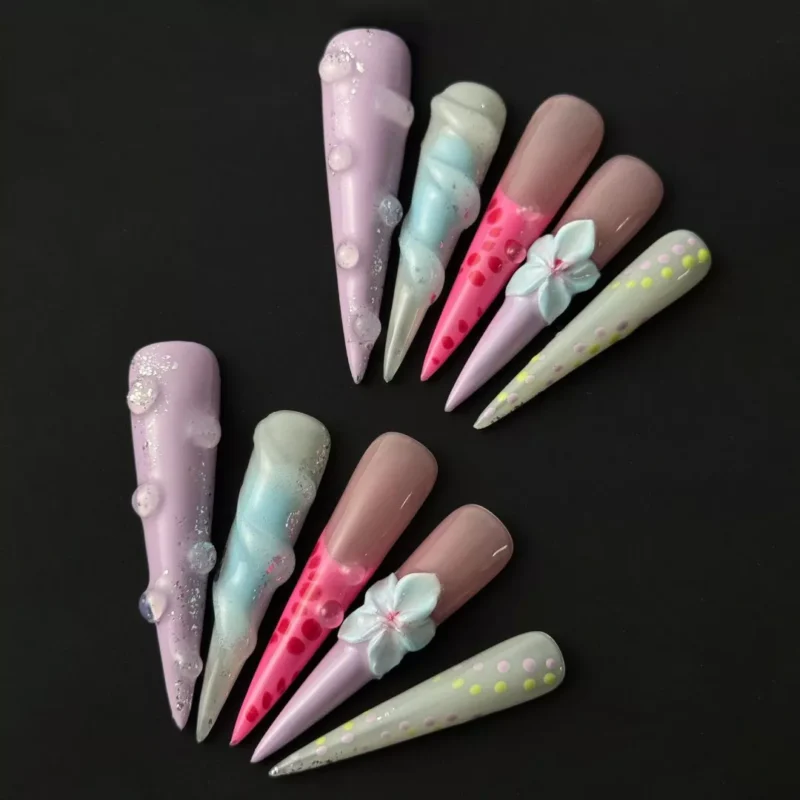 Pastel stiletto press-on nails with 3D flower and iridescent bubble detail – front view