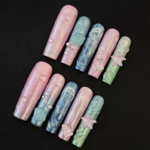 Underwater Dream Press-On Nails featuring pastel ocean colors and 3D starfish accents