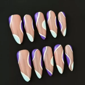 Pastel Wave Press-On Nails with nude base and purple blue swirl accents – full hand view