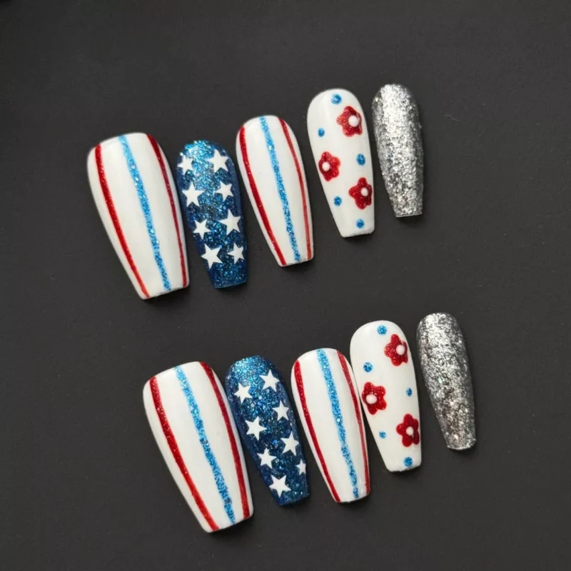 Independence Day Press-On Nails – Red White and Blue Glitter Star Design