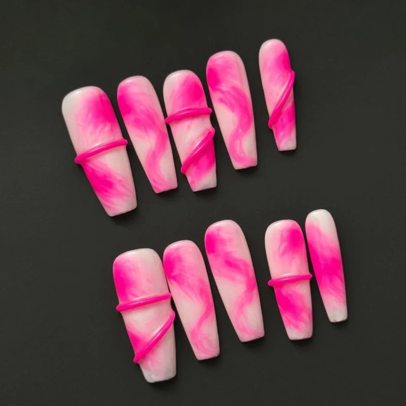 Peach Swirl Press-On Nails with 3D Accents and Ombre Finish