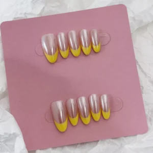 Yellow Pearl Finish French Nails with chrome gloss and minimal design