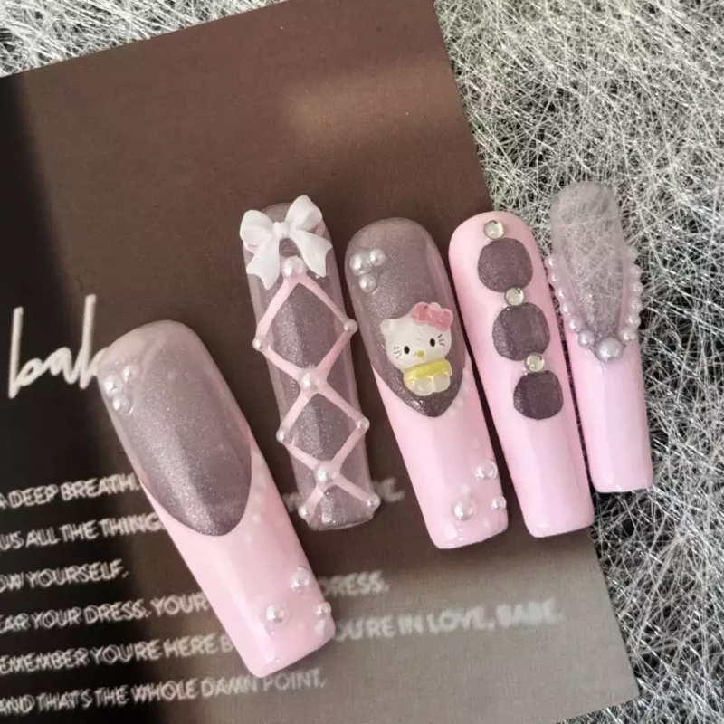 Pearl-studded Kitty Press-On Nails in ballet-inspired pink and gray