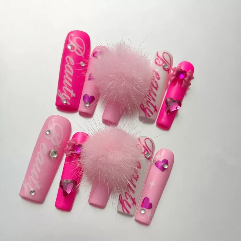 Pink Y2K Press-On Nails with Pom-Poms and Heart Charms