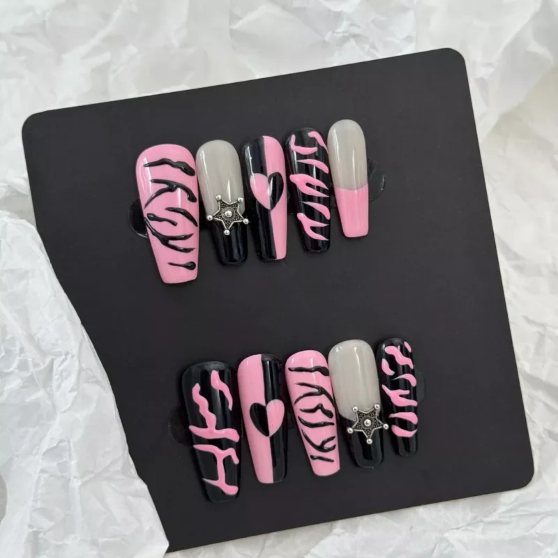 Black and Pink Striped Press-On Nails with 3D star embellishments, Y2K design