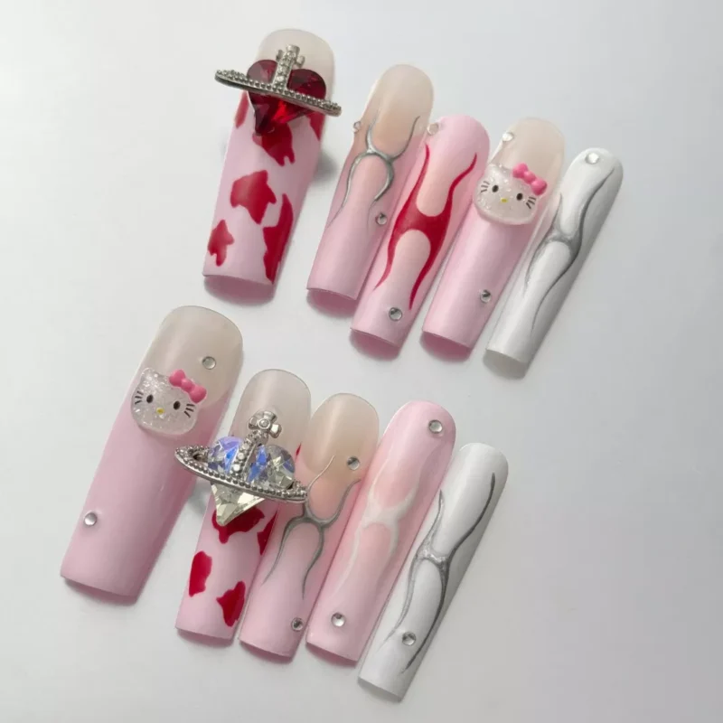 Hello Kitty Chrome Flame Press-On Nails in Pink and Red