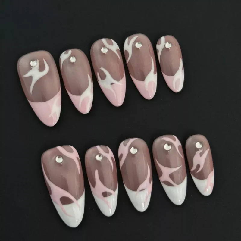 Pink Flame French Press-On Nails with rhinestone accent and two-tone French tip - full hand view