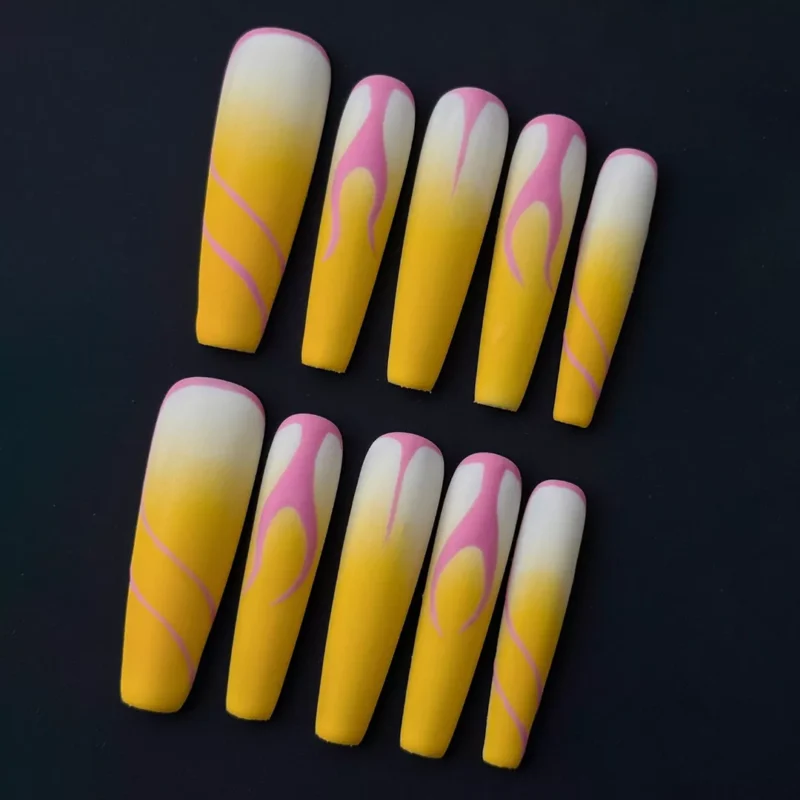 Pink flame press-on nails with yellow ombre matte finish