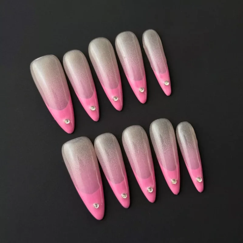 Pink Glitter Press-On Nails with Rhinestone Accents – Top View