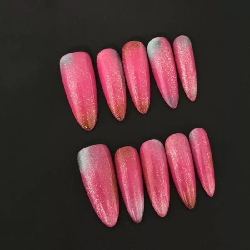 Pink Glitter Ombre Press-On Nails with aurora shine, front view