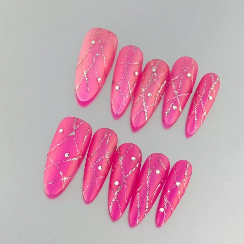 Pink Gradient Press-On Nails with sparkly diamond accents