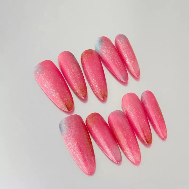 Pink Gradient Press-On Nails with sparkly aurora effect, side angle