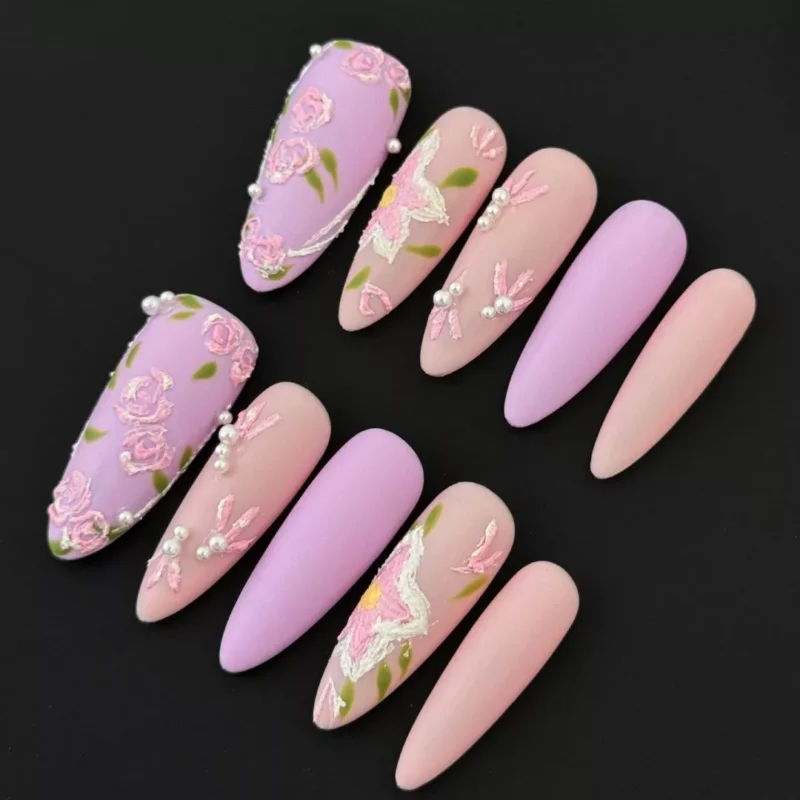 Pink Lilac Matte Press-On Nails with 3D embroidered flowers and pearl detailing – top view
